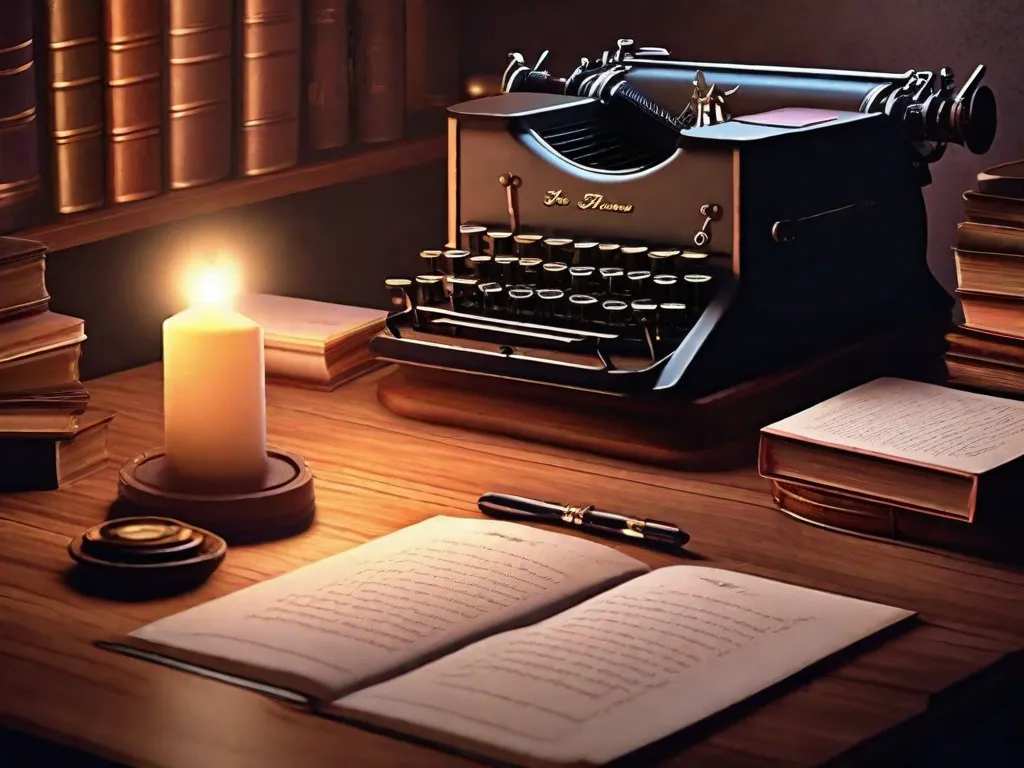 Descrição da imagem:
Em um quarto com pouca iluminação, uma máquina de escrever antiga repousa sobre uma escrivaninha de madeira. O quarto é decorado com prateleiras cheias de livros desgastados, e uma luz suave emana de uma vela tremeluzente. Uma única folha de papel está inserida na máquina de escrever, pronta para capturar as palavras apa