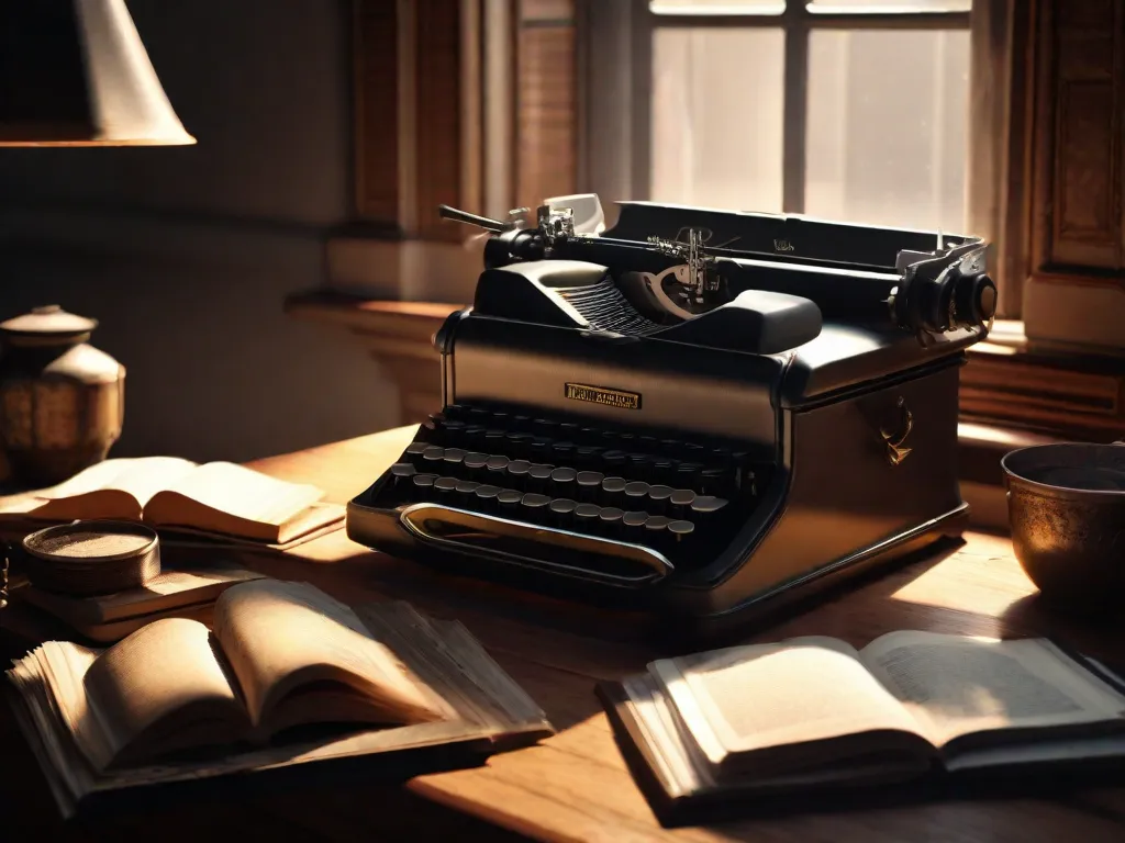 Descrição da imagem: Um quarto com pouca iluminação, com uma máquina de escrever vintage colocada em uma escrivaninha de madeira. Uma pilha de livros antigos e páginas espalhadas cercam a máquina de escrever, exibindo a essência da era romântica. A luz suave do sol penetra pela janela, lançando um brilho quente na cena, evocando uma