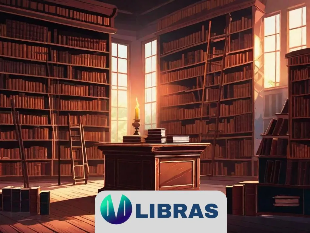 Uma biblioteca mal iluminada com prateleiras cheias de livros antigos encadernados em couro. Um único livro aberto sobre uma mesa de madeira, com uma pena e um tinteiro por perto. Sombras criam uma atmosfera misteriosa, sugerindo segredos ocultos nas páginas.