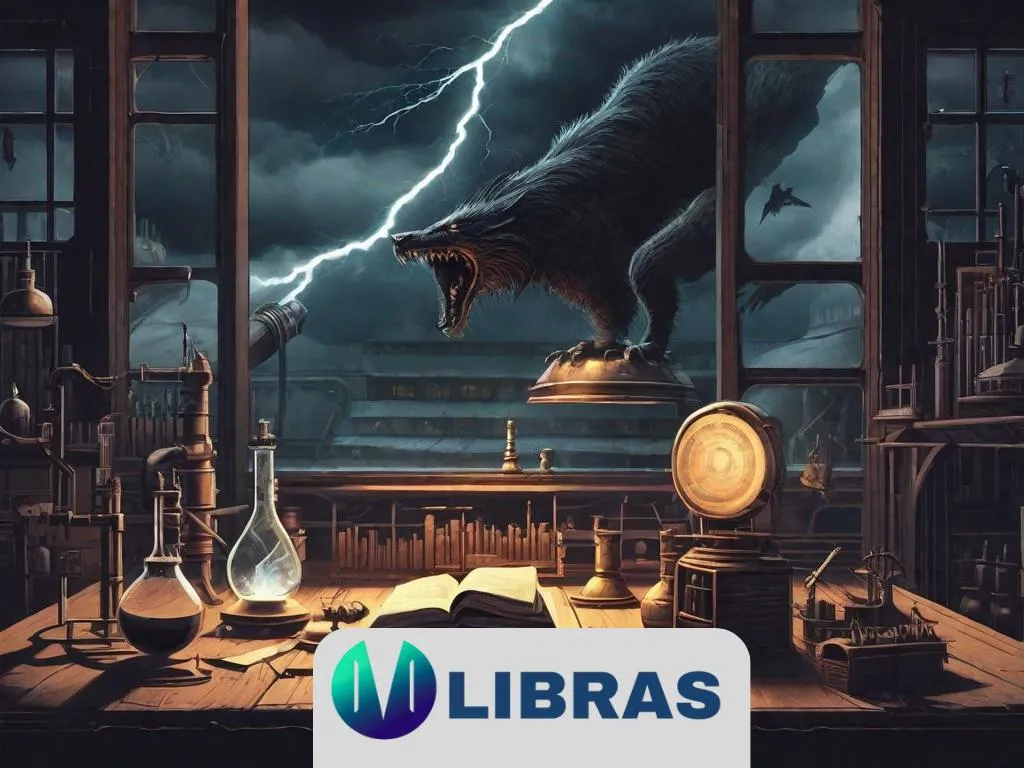 Uma noite escura e tempestuosa com relâmpagos iluminando um laboratório gótico. Uma grande figura sombria está deitada em uma mesa, cercada por equipamentos científicos assustadores. A atmosfera é tensa e ameaçadora, capturando o momento da criação do monstro.