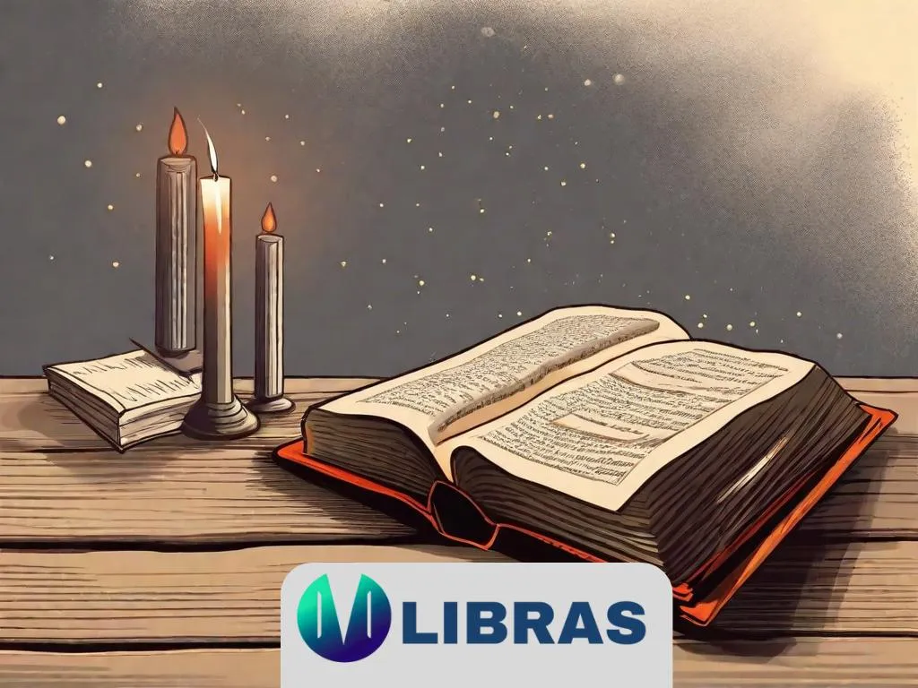 Um quarto mal iluminado com uma estante vintage cheia de livros antigos encadernados em couro. Um único livro aberto está sobre uma mesa de madeira, com uma pena e um tinteiro ao lado, lançando sombras que sugerem segredos ocultos nas páginas.
