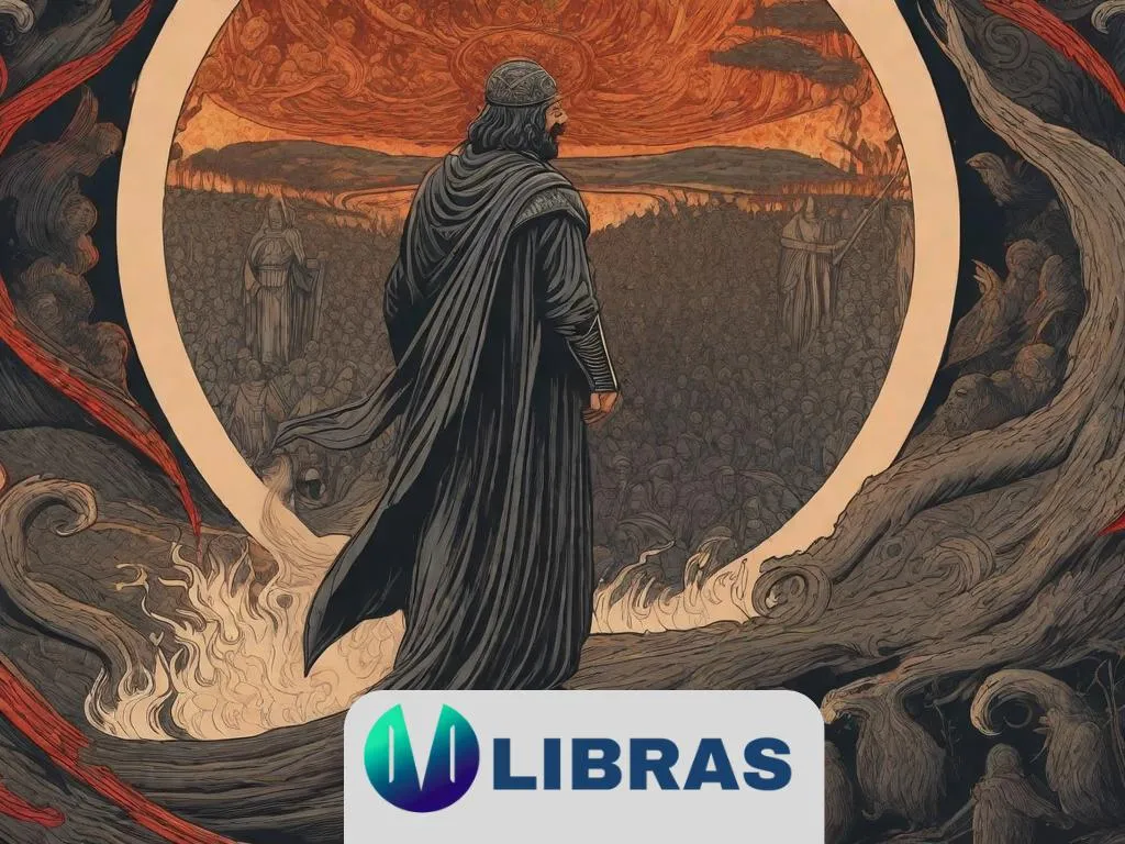 Um livro antigo e desgastado aberto em uma página com ilustrações intrincadas em estilo medieval, retratando Dante e Virgílio viajando pelos círculos do Inferno, cercados por chamas e almas atormentadas.