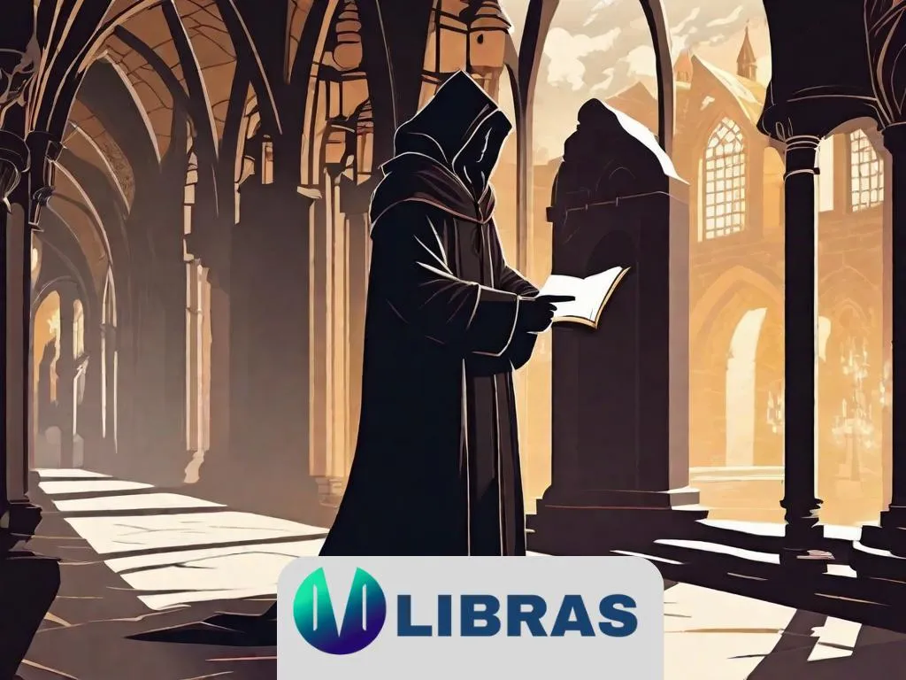 Um sombrio mosteiro medieval com imponentes paredes de pedra, uma biblioteca labiríntica repleta de manuscritos antigos e um monge encapuzado segurando uma vela trêmula, projetando sombras assustadoras nas paredes, evocando uma atmosfera de mistério e intriga.