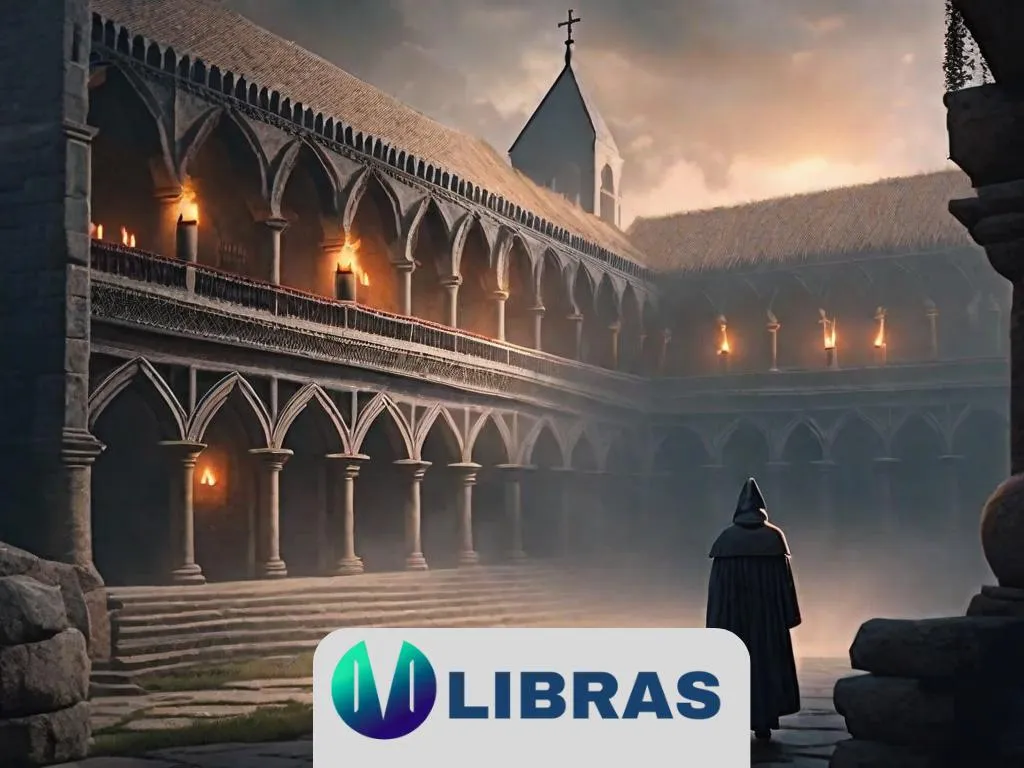 Um mosteiro medieval envolto em névoa, com imponentes paredes de pedra e uma biblioteca labiríntica. Monges em vestes escuras movem-se por corredores sombrios, iluminados pela luz trêmula das velas, evocando uma atmosfera de mistério e intriga.