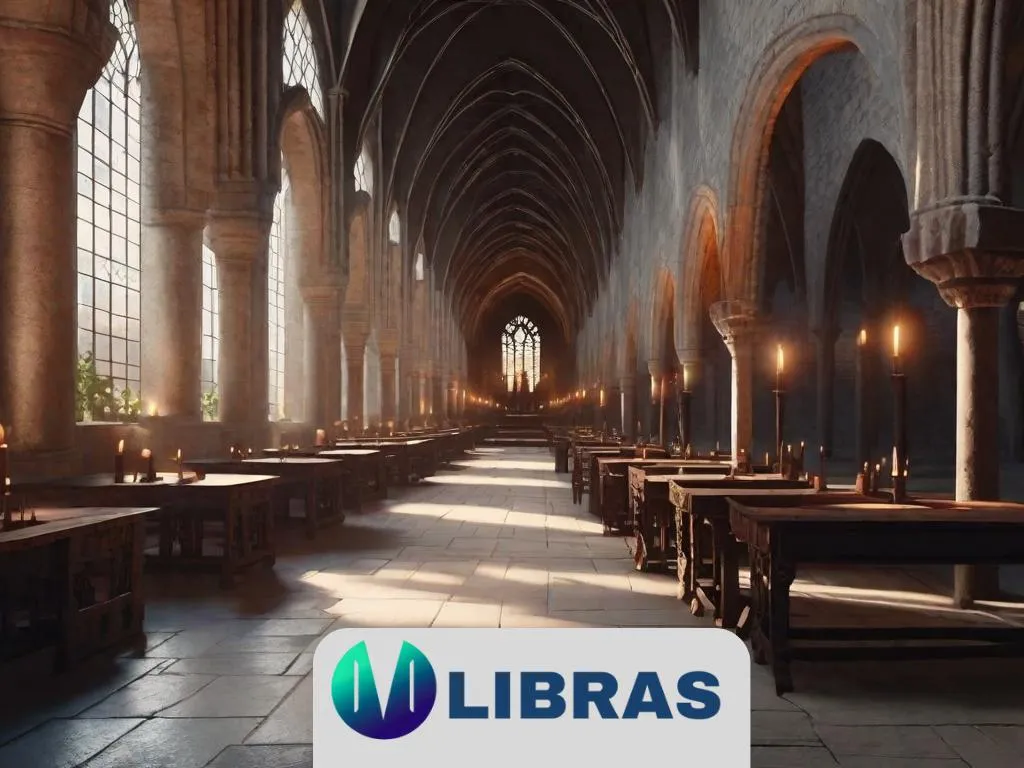 Um mosteiro medieval sombrio com paredes de pedra imponentes, fracamente iluminado pela luz vacilante de velas. Monges em vestes escuras movem-se pelos claustros, e manuscritos antigos estão espalhados sobre uma mesa de madeira. A atmosfera está carregada de mistério e segredo.