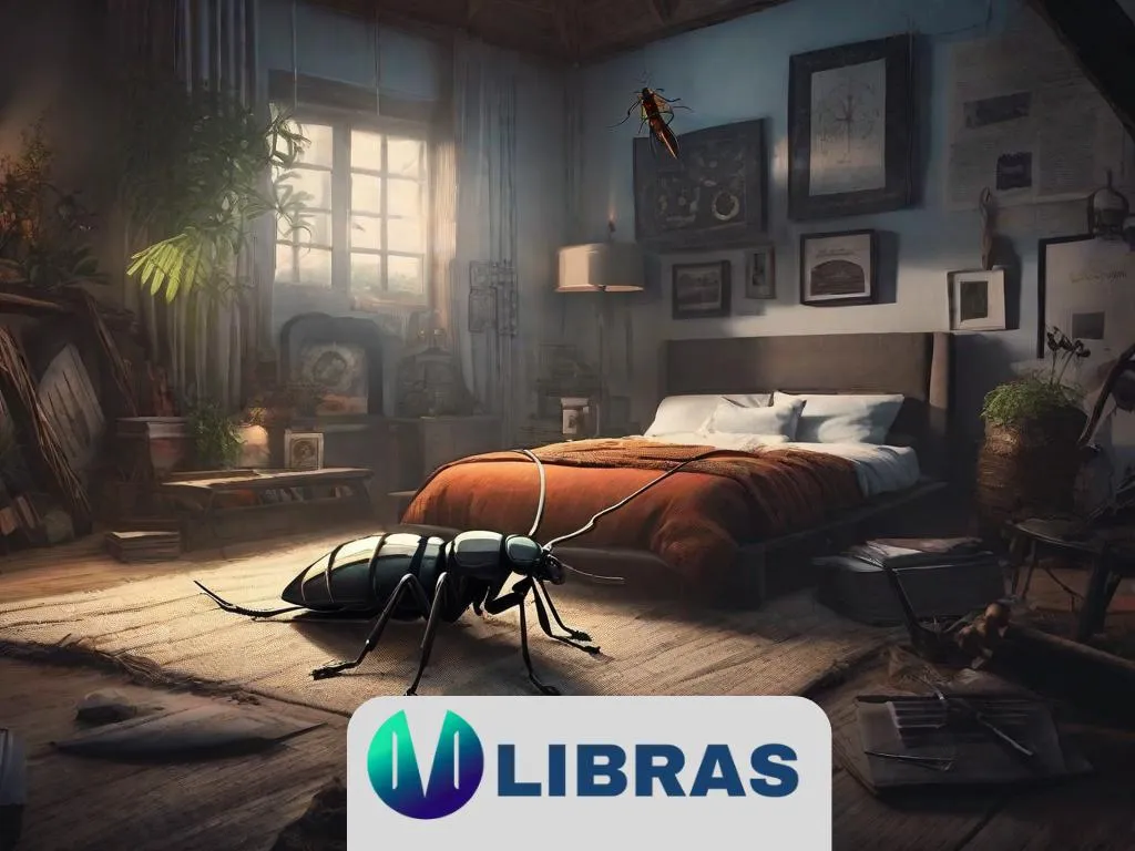 Um quarto mal iluminado e desordenado, com um inseto gigante e grotesco deitado em uma cama desarrumada. Os olhos humanos do inseto refletem uma mistura de confusão e desespero, capturando a perturbadora transformação.