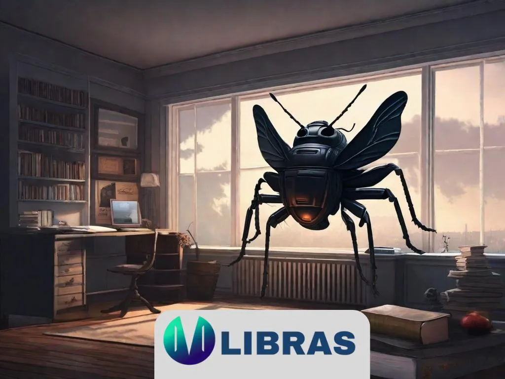 Um quarto escuro e mal iluminado com uma única cama. Na cama, um inseto grotesco do tamanho de um humano com o rosto de um homem, cercado por papéis espalhados e uma janela aberta projetando sombras assustadoras.