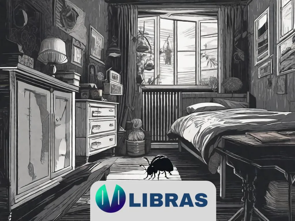 Um quarto mal iluminado com uma única cama, onde um inseto gigante está enredado em um cobertor. Os poucos móveis do quarto projetam longas sombras, enfatizando a atmosfera estranha e surreal da metamorfose.