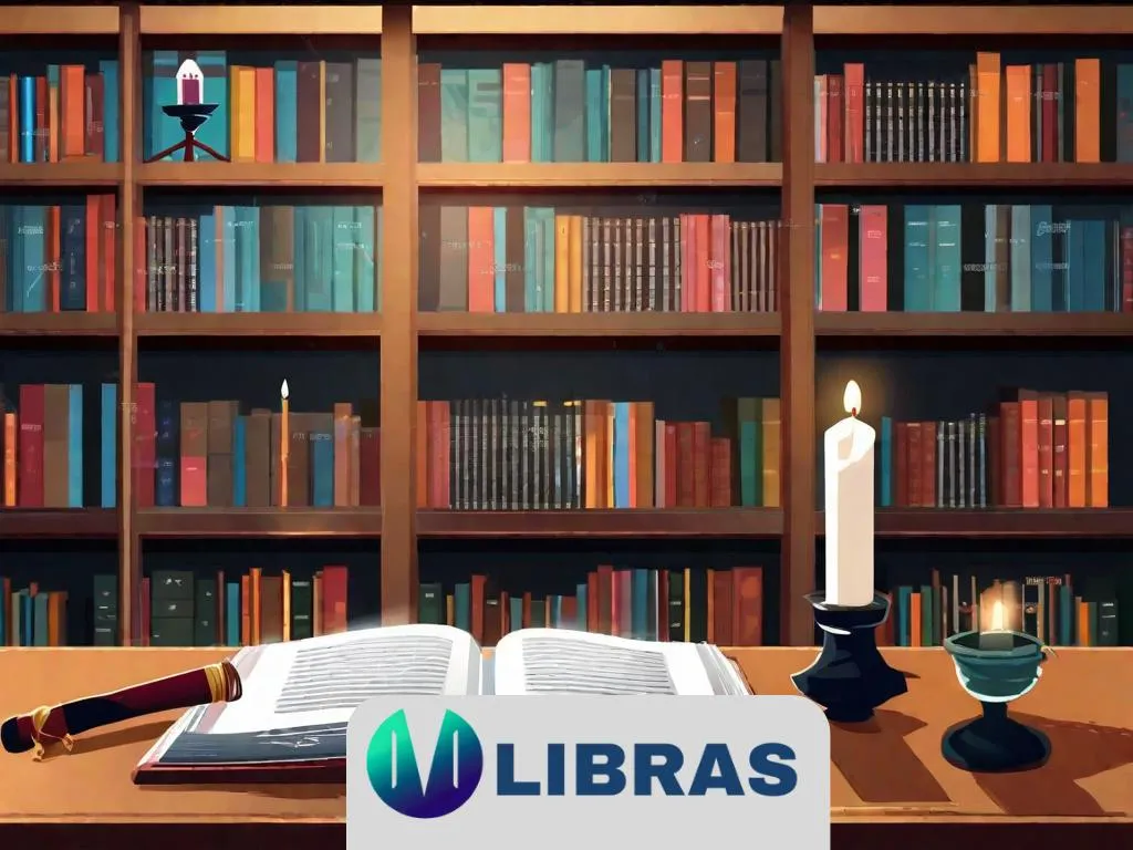Uma sala de estudo mal iluminada com um livro antigo de capa de couro intitulado