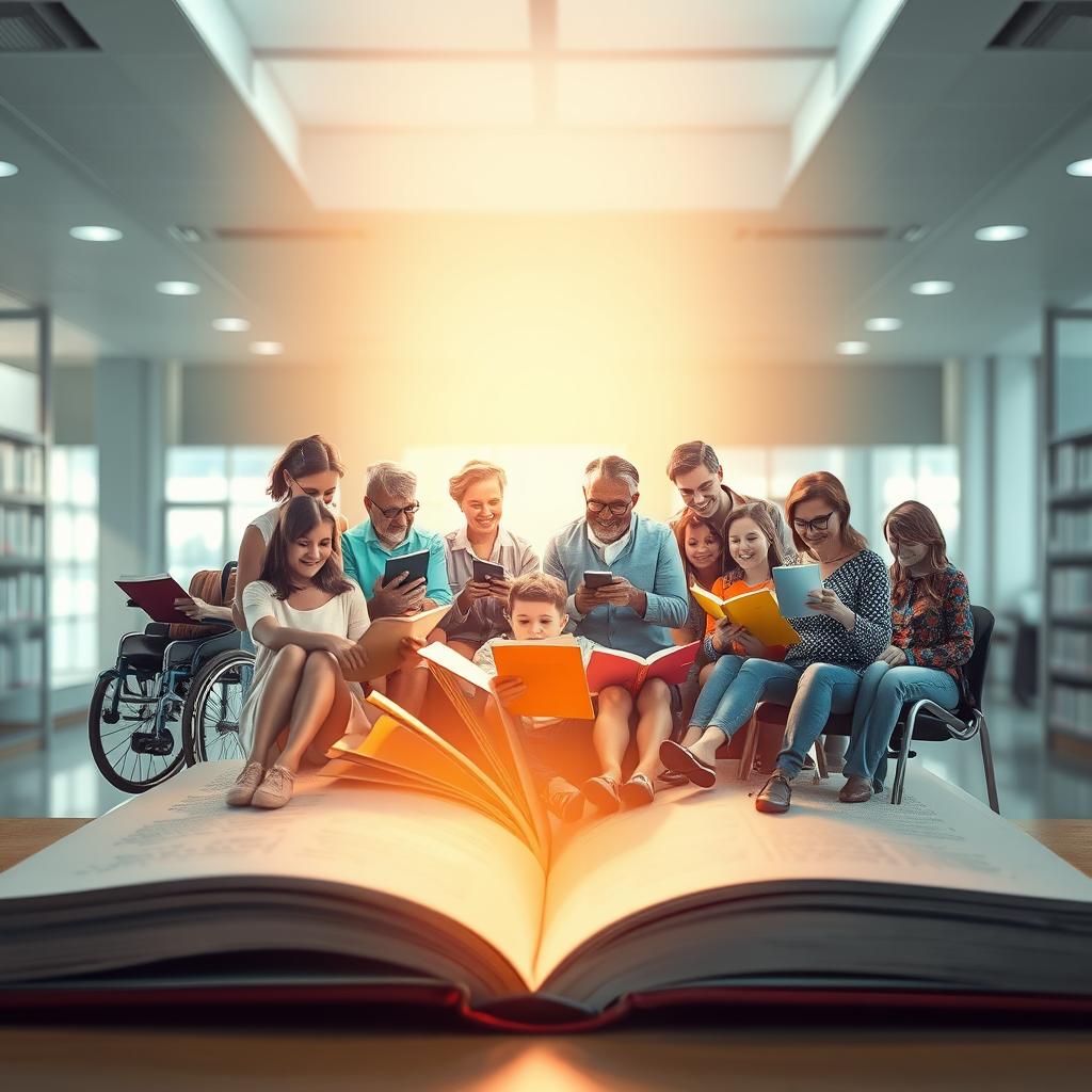image Grupo diverso de pessoas lendo juntas, incluindo uma pessoa usando óculos de leitura e outra com um leitor de tela no computador.