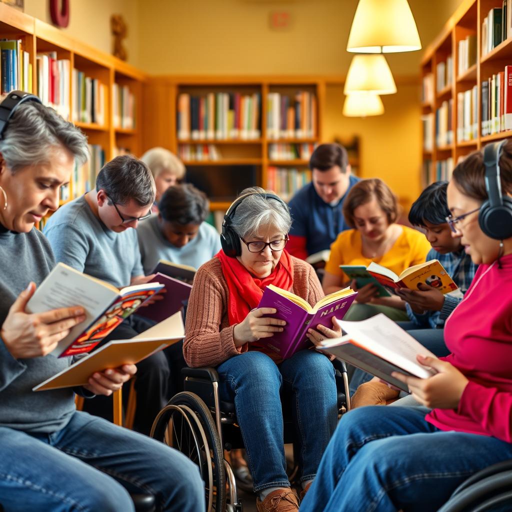 image Pessoa cega lendo livro em braille em uma biblioteca acessível.