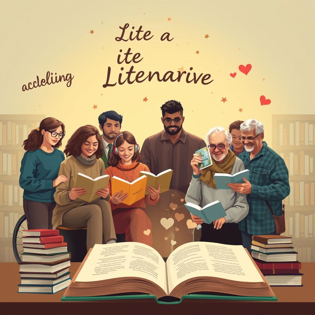 Grupo de pessoas diversas lendo em diferentes formatos acessíveis: uma pessoa usando um leitor de tela, outra lendo em Braille, outra ouvindo um audiolivro e uma pessoa assistindo a um vídeo livro em Libras.