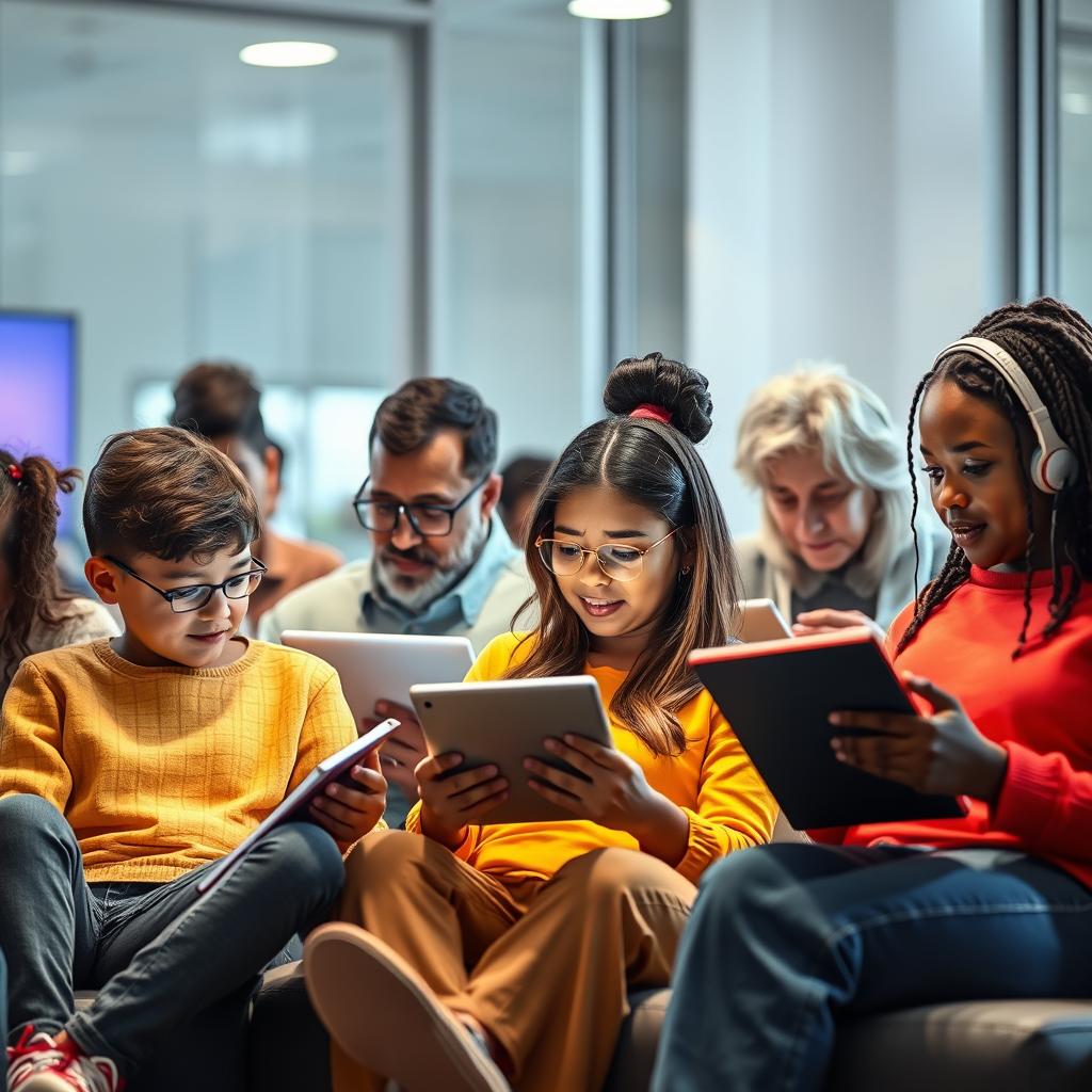 image Pessoa utilizando um leitor de tela em um tablet para acessar um livro digital, com fones de ouvido, simbolizando a leitura acessível através da tecnologia auditiva.