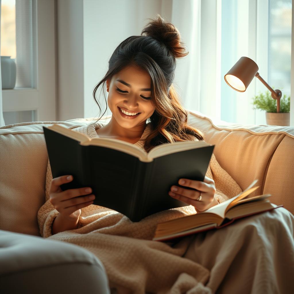 image Pessoa lendo um livro confortavelmente em um sofá, com uma xícara ao lado.