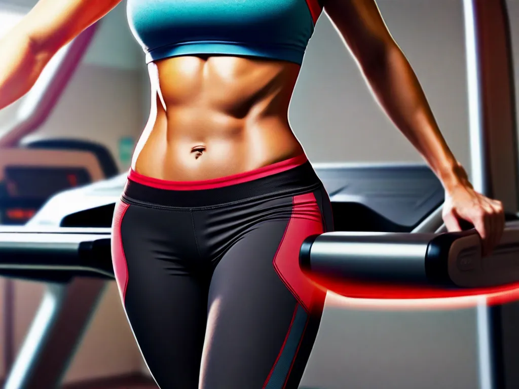 Descrição da imagem: Um close-up do abdômen de uma pessoa, mostrando uma região abdominal tonificada com músculos definidos. A pessoa está usando roupas de treino e está em pé em uma esteira, pronta para começar sua sessão de cardio. O foco está na área abdominal, destacando os potenciais benefícios do uso de uma esteira para queimar gordura abdominal.