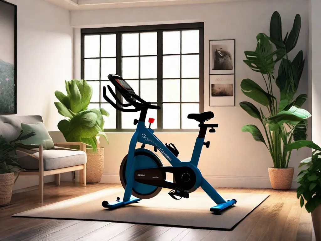 Descrição da imagem: Um quarto bem iluminado com um canto aconchegante dedicado ao fitness em casa. No centro, uma bicicleta ergométrica estacionária, elegante e moderna, está sobre um tapete macio, cercada por plantas em vasos e citações motivacionais na parede. O ambiente exala uma atmosfera calma e convidativa, perfeito para escolher a bicicleta