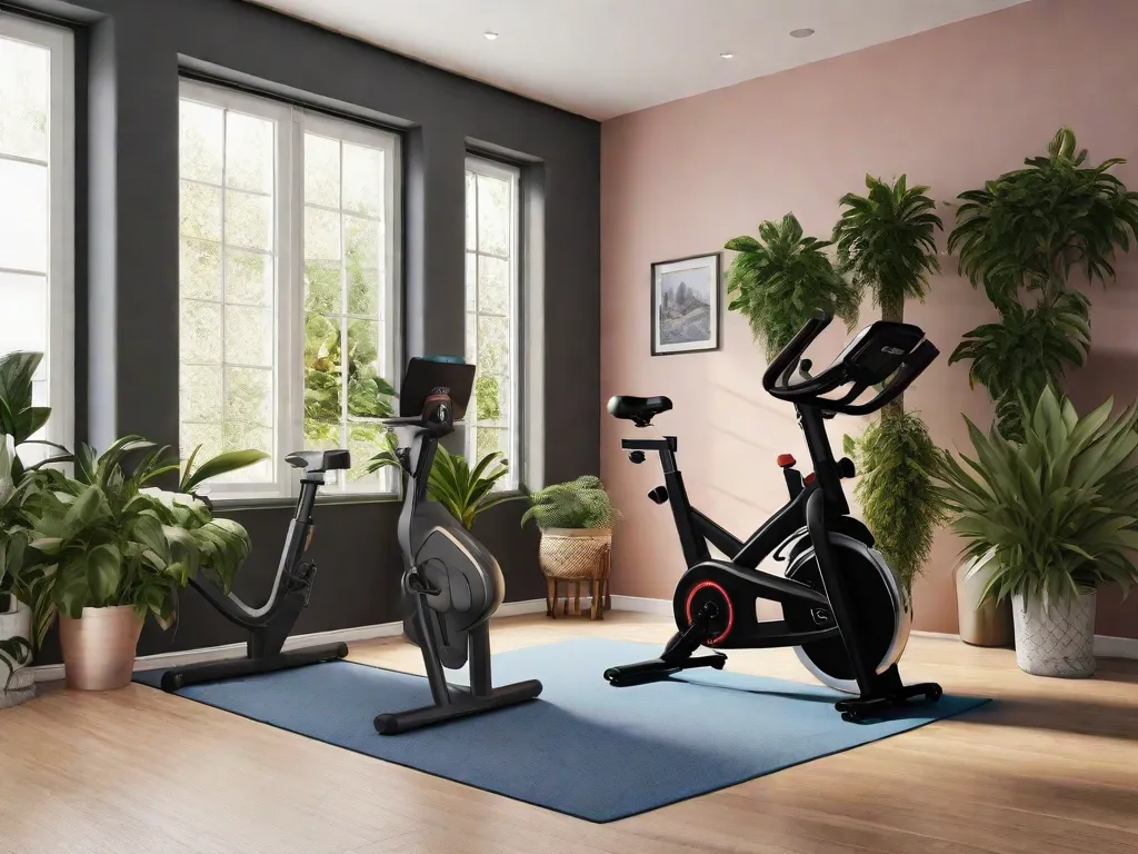 Descrição da imagem: Uma configuração aconchegante de uma academia doméstica com um canto elegante apresentando diferentes tipos de bicicletas ergométricas. A imagem mostra uma variedade de bicicletas estacionárias ergonomicamente projetadas, cada uma com ajustes reguláveis e displays digitais. As bicicletas estão cercadas por plantas, criando um ambiente refrescante e motivador para os exercíc