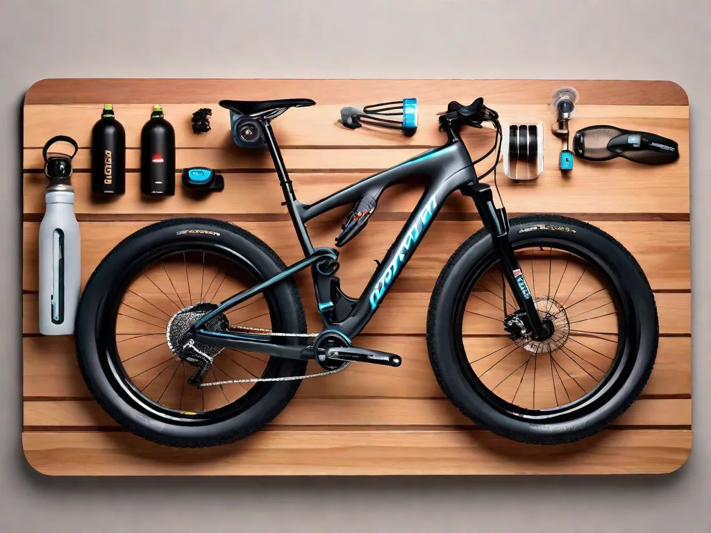Uma exposição montada na parede, organizada de forma atraente, de acessórios para bicicletas híbridas, apresentando uma ferramenta multifuncional, uma garrafa de água em um suporte, luzes LED recarregáveis, uma mini bomba, kit de reparo de furos e manoplas ergonômicas. O fundo é uma superfície de madeira limpa que realça a