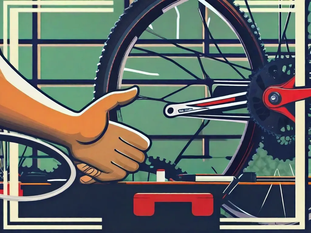 Descrição da imagem: Um close-up de uma mão de uma pessoa se estendendo em direção à mão de um mecânico de bicicletas, ambas as mãos prestes a se cumprimentar. O fundo mostra uma oficina de reparo de bicicletas bem equipada, com ferramentas e peças de reposição organizadas em prateleiras. Essa imagem representa o tema de buscar ajuda profissional para