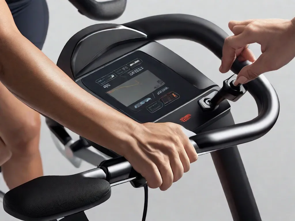 Descrição da imagem: Um close-up das mãos de uma pessoa ajustando a altura do assento em uma bicicleta ergométrica. A pessoa está vestindo roupas de treino e tem uma expressão concentrada, destacando a importância dos ajustes adequados para o conforto durante os treinos de ciclismo indoor.