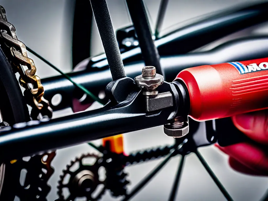 Uma imagem em close-up de uma corrente de bicicleta sendo ajustada com uma ferramenta de corrente. As mãos focadas de uma pessoa são vistas segurando a ferramenta, alinhando cuidadosamente os elos da corrente para garantir a tensão adequada. A imagem destaca a importância de manter uma corrente bem ajustada para um desempenho ótimo da bicicleta.