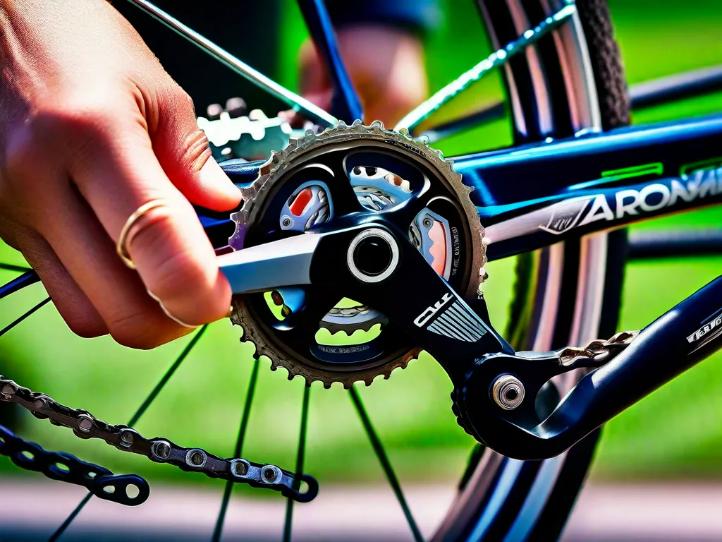 Descrição da imagem: Um close-up da mão de uma pessoa segurando uma ferramenta para corrente de bicicleta. A ferramenta está sendo usada para ajustar a tensão da corrente da bicicleta, removendo um elo. A mão da pessoa está focada e determinada, mostrando o processo de ajuste fino da corrente da bicicleta para um desempenho ótimo.