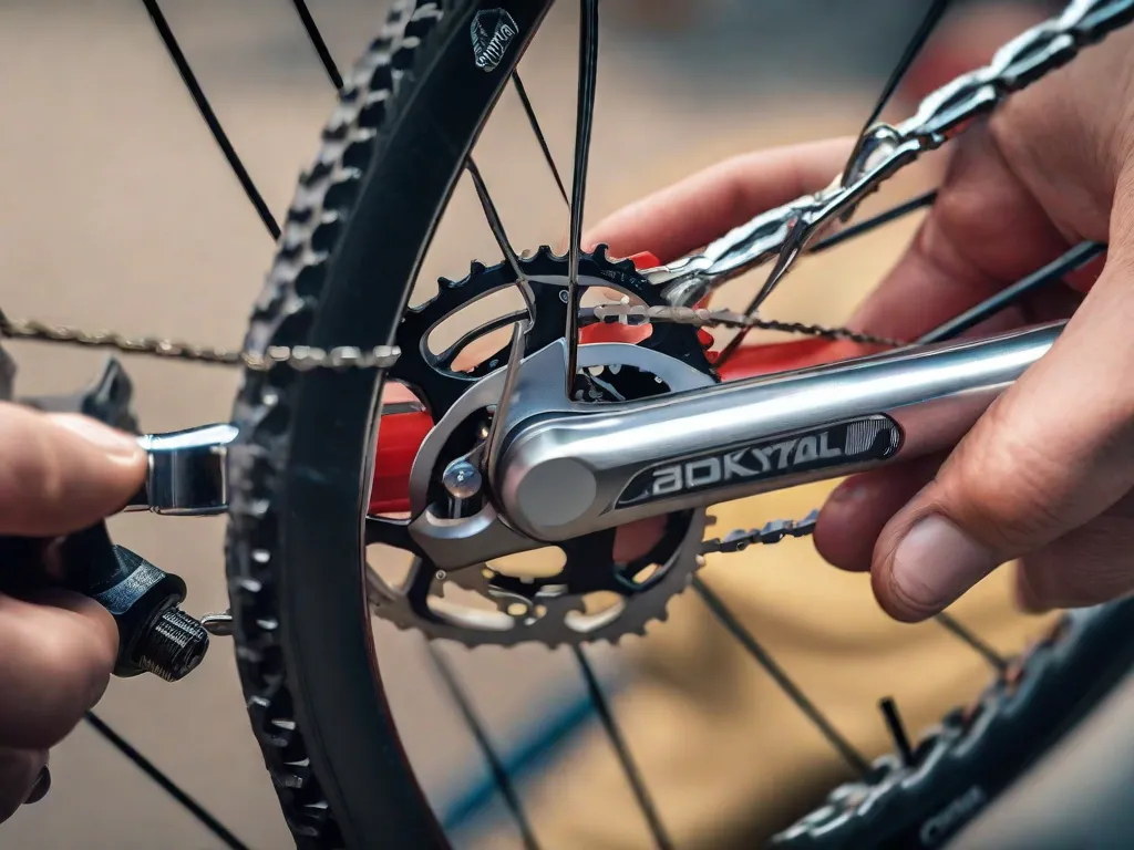 Descrição da imagem: Um close-up de um ajuste de corrente de bicicleta. Uma mão segura uma chave, girando o parafuso no câmbio traseiro para apertar ou soltar a corrente. O foco está na corrente e nas ferramentas, mostrando o processo de ajuste da tensão da corrente da bicicleta.