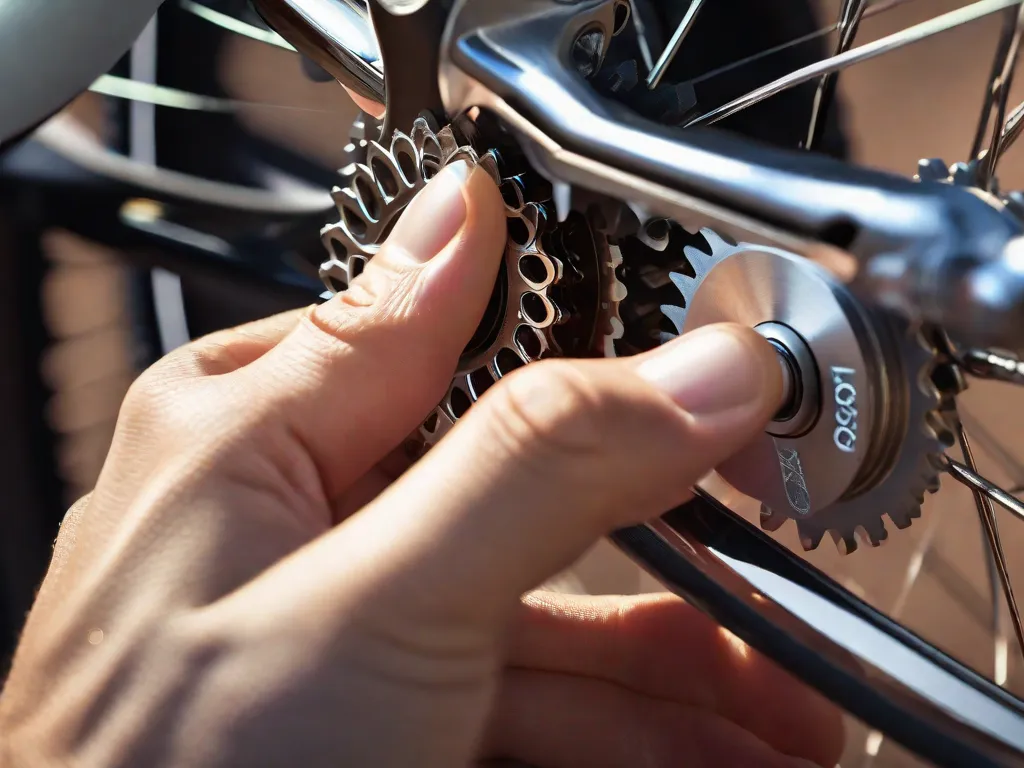 Descrição da imagem: Um close das mãos de uma pessoa ajustando as marchas de uma bicicleta. Os dedos giram delicadamente os discos, enquanto a corrente se move suavemente entre os diferentes pinhões. A luz do sol brilha nos componentes metálicos brilhantes, destacando a precisão e a técnica do processo.