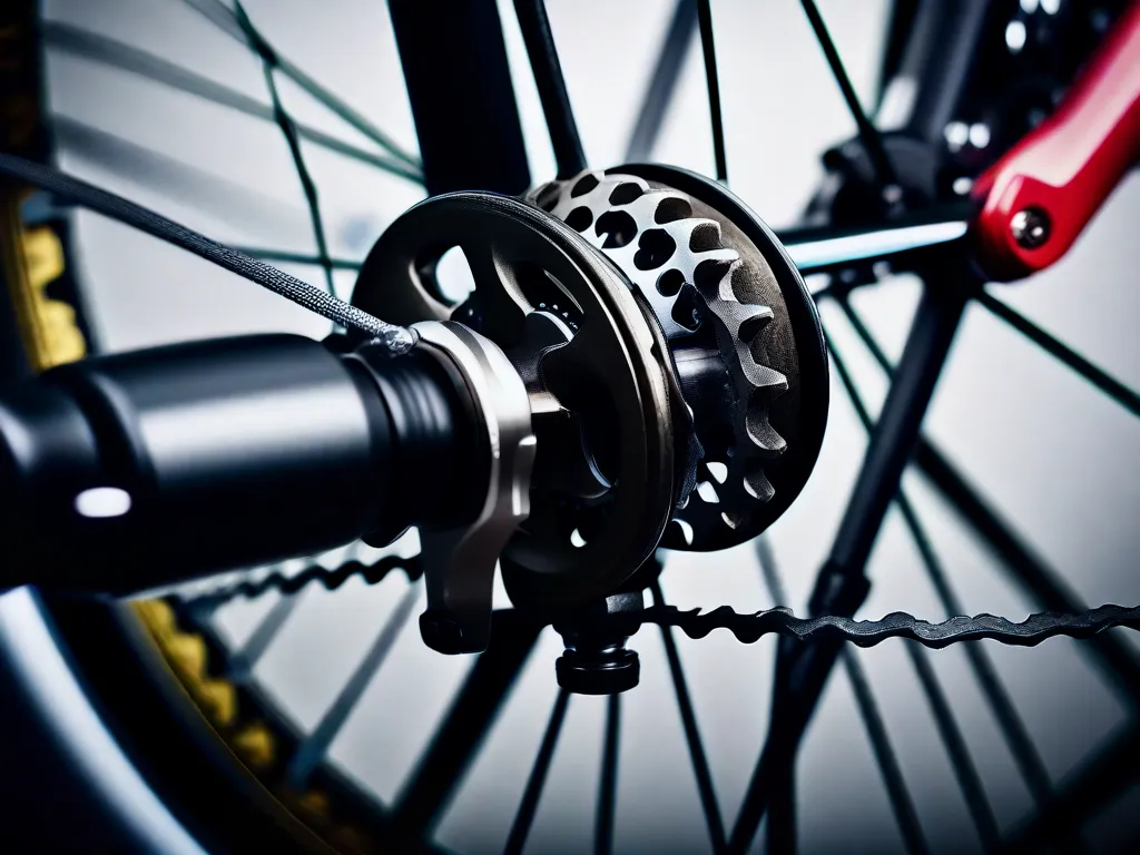 Descrição da imagem: Um close-up de um trocador de marchas de bicicleta com a mão do ciclista ajustando as marchas. O foco está no movimento preciso dos dedos, mostrando o processo passo a passo de ajustar as marchas da bicicleta. A imagem captura os detalhes mecânicos e destaca a importância do ajuste adequado das marchas para uma experiência de ciclismo suave