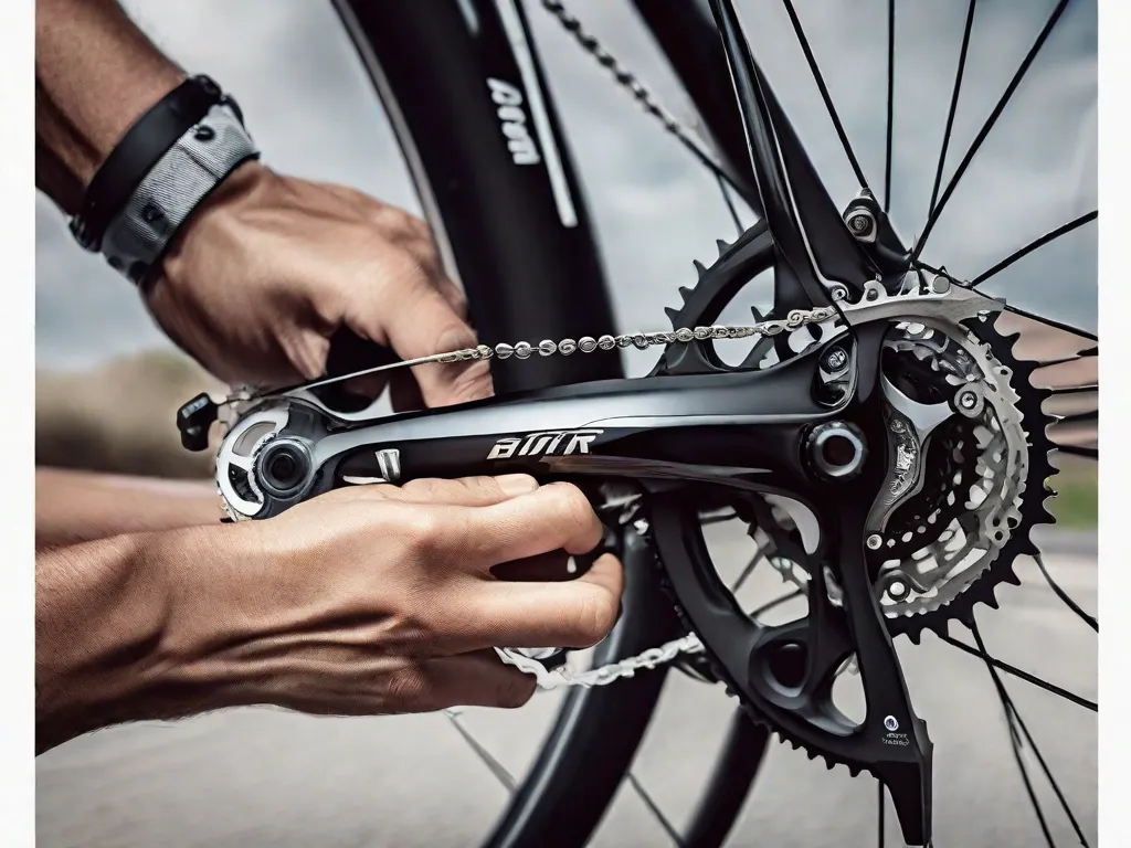 Descrição da imagem: Um close-up das mãos de um ciclista ajustando as marchas em uma bicicleta. Os dedos manobram delicadamente os câmbios, enquanto a corrente desliza suavemente pelos cogs. O foco está nos componentes mecânicos intrincados, destacando a precisão necessária para ajustar com precisão as marchas da bicicleta.
