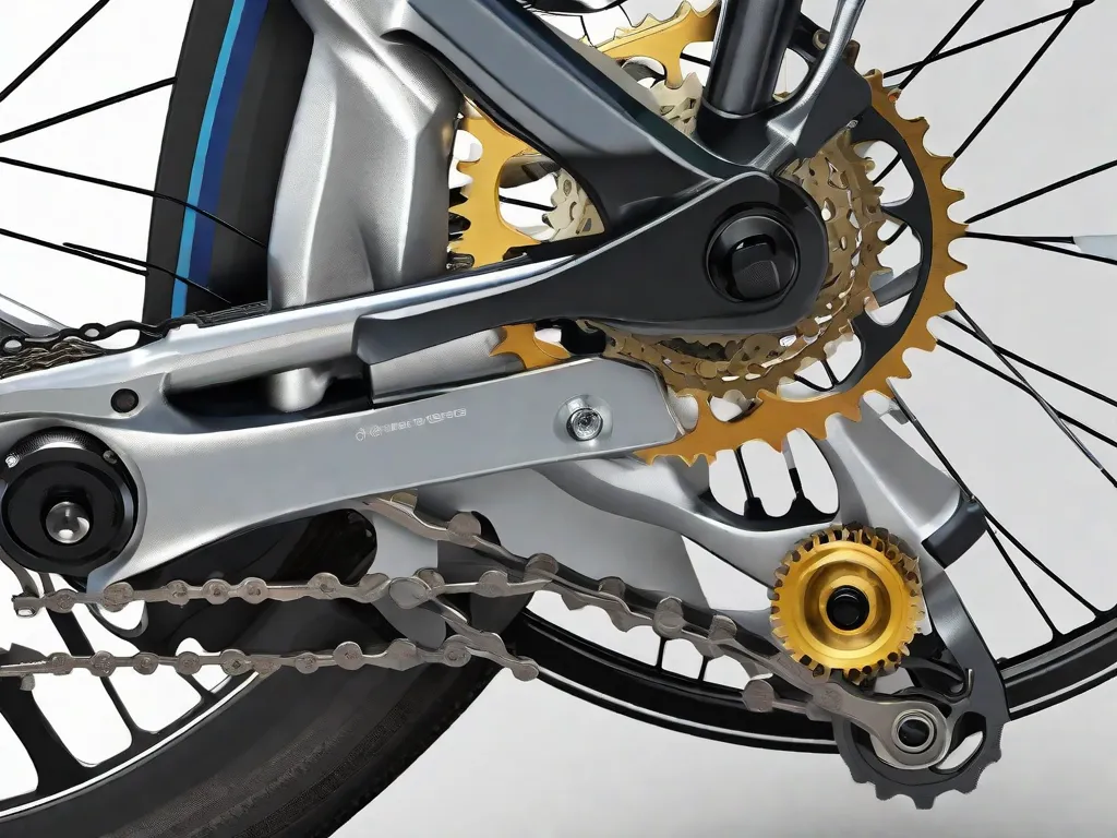 Descrição da imagem: Uma foto em close-up das engrenagens e câmbio de uma bicicleta. A imagem mostra um guia passo a passo para ajustar as marchas, com setas apontando para os vários componentes envolvidos, como os trocadores, corrente e câmbio. O foco é fornecer instruções visuais claras para otimizar o desempenho da troca de marchas