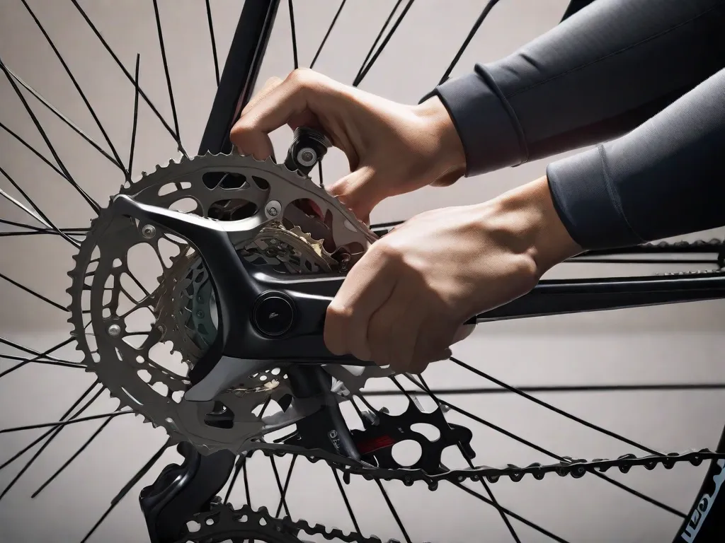 Uma imagem em close-up de um par de mãos ajustando delicadamente o câmbio traseiro de uma bicicleta. As mãos estão manobrando cuidadosamente as engrenagens, com a corrente da bicicleta visível ao fundo. Essa imagem captura o processo meticuloso de ajuste fino do câmbio traseiro para um desempenho de troca de marchas ideal.