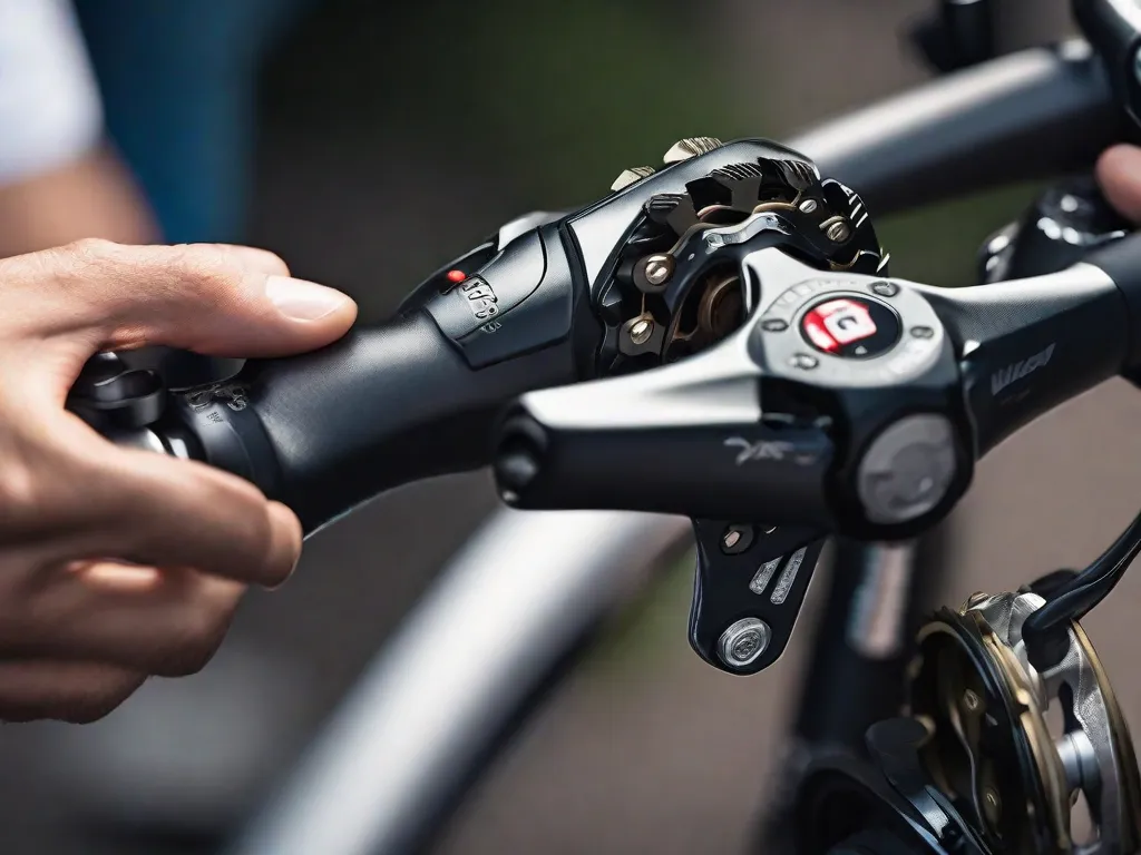 Descrição da Imagem: Um close-up do sistema de marchas de uma bicicleta, mostrando a mão do ciclista ajustando as marchas com precisão. O foco está nos detalhes intricados das marchas, destacando a importância de ajustá-las corretamente para uma experiência de ciclismo suave e eficiente.