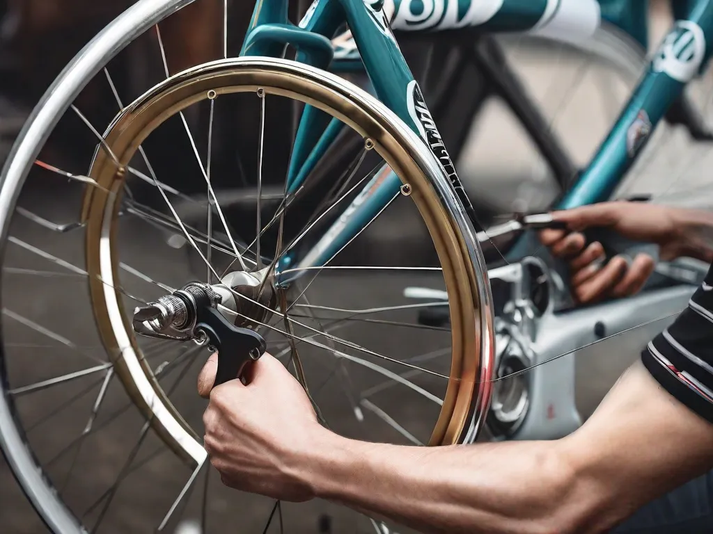 Descrição da imagem: Um close-up das mãos de uma pessoa segurando uma chave de raio, ajustando delicadamente a tensão dos raios da roda de uma bicicleta. A expressão concentrada e determinada em seu rosto reflete a precisão necessária para garantir que a roda esteja perfeitamente alinhada e equilibrada para um passeio suave.