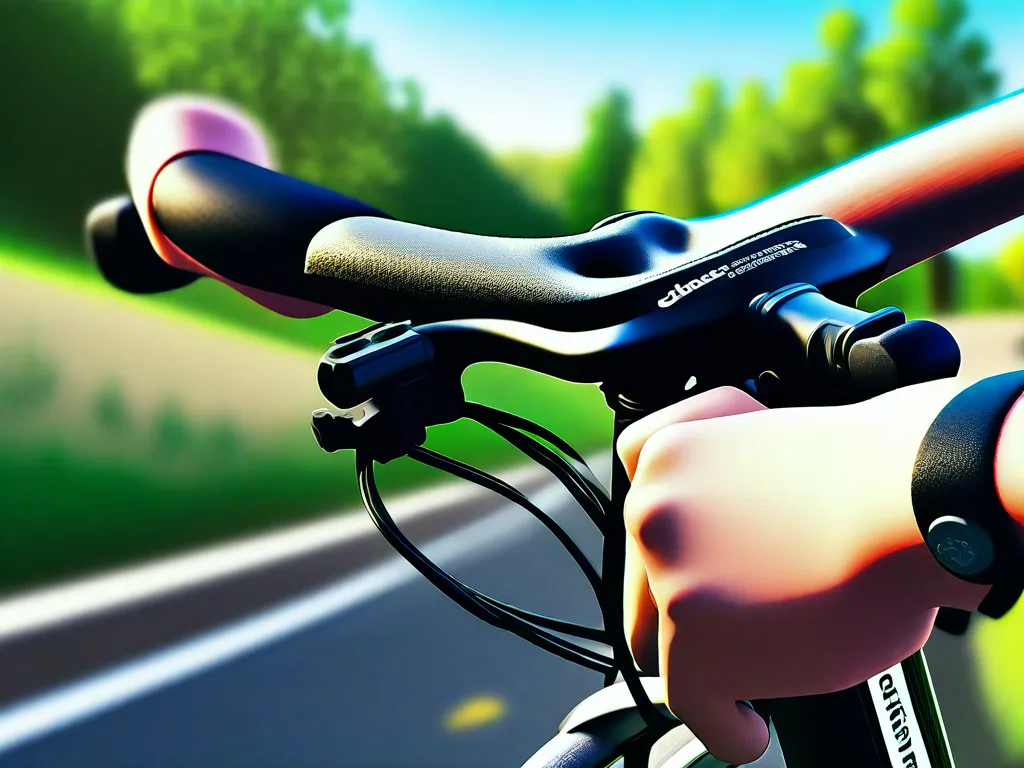 Descrição da imagem: Um close-up de um assento ou selim de bicicleta, com uma mão estendida para ajustar a altura. O fundo mostra uma vista panorâmica de uma trilha de ciclismo tranquila, cercada por árvores verdes exuberantes e um céu azul claro. Essa imagem representa o tema de aprender a ajustar corretamente o assento da bicicleta para um passeio confortável