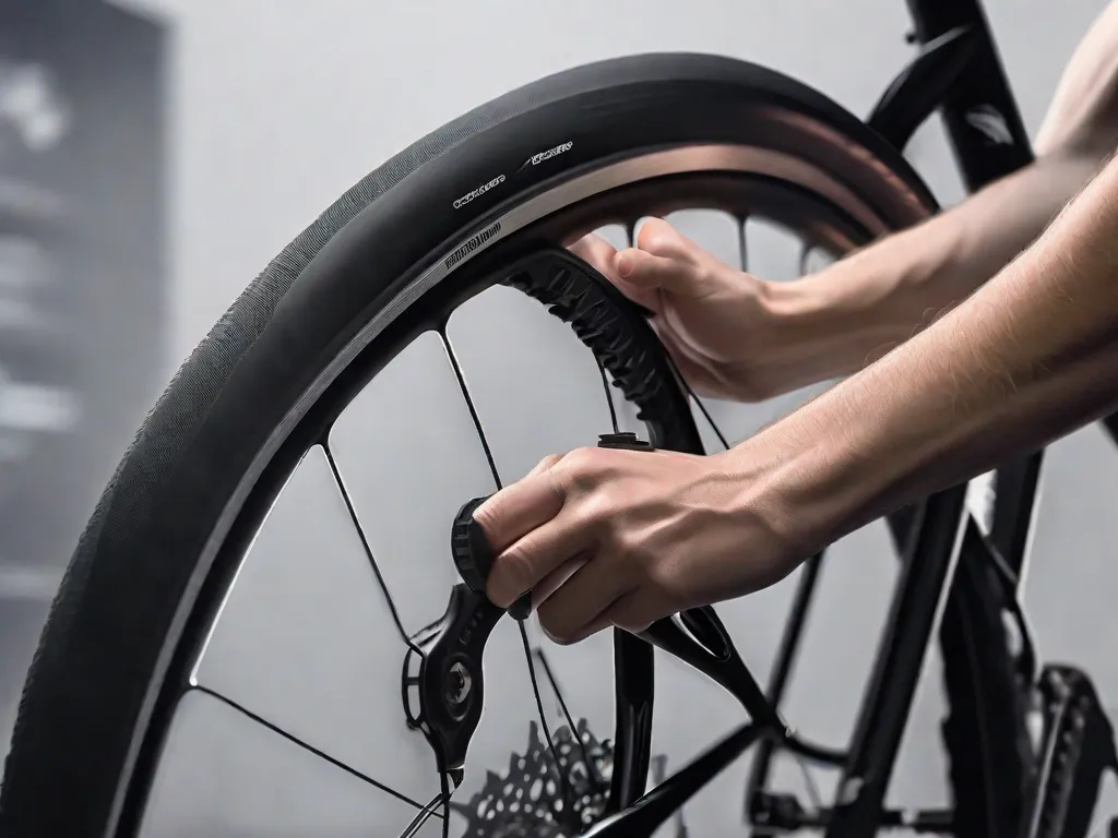 Uma imagem em close das mãos de um ciclista ajustando a altura e o ângulo de um selim de bicicleta preto usando uma chave Allen, com foco em alcançar a posição ergonômica perfeita. O fundo mostra uma oficina desfocada com várias ferramentas de bicicleta penduradas na parede.