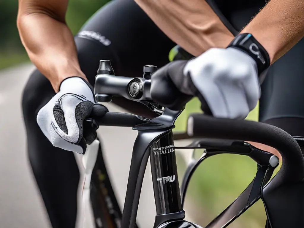 Uma imagem em close-up das mãos de uma pessoa ajustando a altura do selim de uma bicicleta de estrada moderna, com foco na alavanca de liberação rápida. O fundo está suavemente desfocado, destacando um capacete e luvas de ciclismo, enfatizando o ajuste da bicicleta para conforto e eficiência.