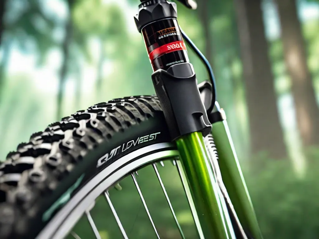 Uma imagem em close-up do amortecedor traseiro de uma bicicleta de montanha com uma fita métrica estendida ao lado dele, mostrando a distância precisa para o ajuste do sag. Uma mão com luva está girando o botão de ajuste do amortecedor, com um fundo desfocado de floresta verde sugerindo um preparo pré-passeio na natureza.