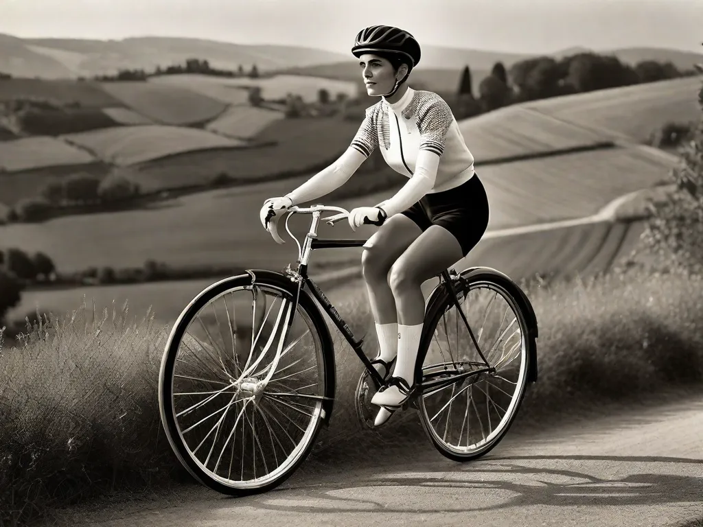 Uma foto antiga em preto e branco de Alfonsina Strada, vestindo uma camisa de lã de ciclismo e shorts, posicionada em sua bicicleta de corrida clássica, com rodas estreitas e guidão curvo, tendo como pano de fundo o interior italiano do início do século 20.