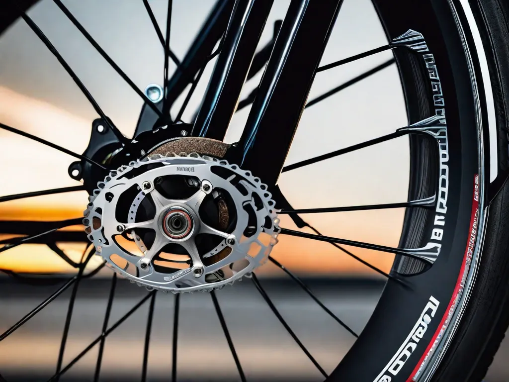 Uma imagem mostrando o alinhamento preciso das pastilhas de freio com o rotor em uma bicicleta. O close-up captura os detalhes intrincados das pastilhas perfeitamente alinhadas com o disco rotativo, destacando a importância da manutenção adequada para um desempenho de frenagem ideal.