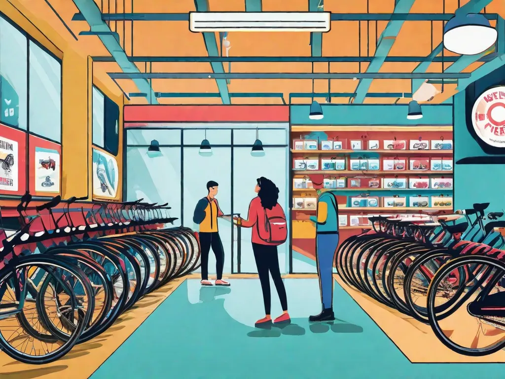 Descrição da imagem: Uma imagem vibrante que mostra o processo passo a passo de alugar uma bicicleta. No primeiro plano, uma pessoa vestindo roupas casuais está em uma loja de aluguel de bicicletas, interagindo com a equipe amigável. Ao fundo, várias bicicletas de diferentes tamanhos e estilos estão organizadas de forma ordenada, enfatizando as opções disponíveis. A