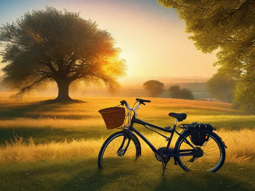 Descrição da imagem: Um nascer do sol vibrante sobre uma paisagem pitoresca no campo, com uma bicicleta solitária descansando contra uma árvore. Os raios dourados do sol lançam um brilho quente sobre a paisagem, simbolizando as infinitas possibilidades e aventuras que aguardam aqueles que abraçam a alegria de pedalar em suas vidas despertas.
