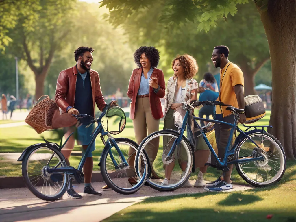 Um grupo de adultos diversos rindo e conversando, com suas bicicletas encostadas ao lado deles em um parque, transmitindo uma sensação de comunidade e amizade cultivada através do ciclismo.