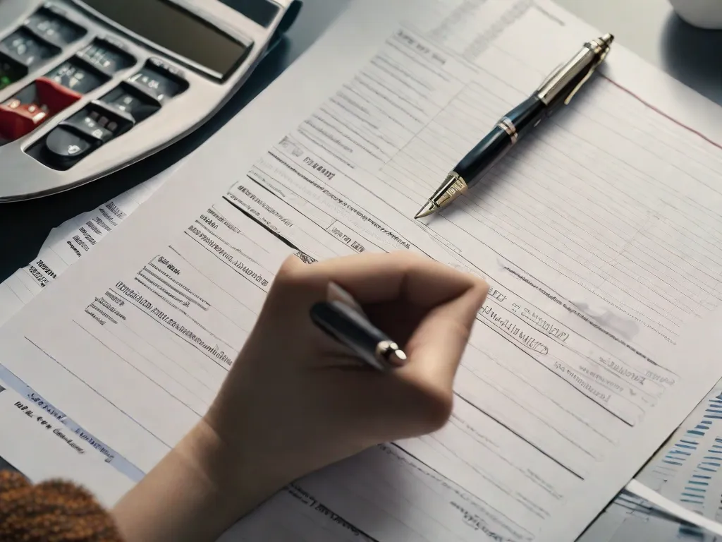 Descrição da imagem: Um close-up de uma mão segurando uma caneta, posicionada sobre um pedaço de papel com uma lista de itens e números. O papel representa um gráfico de análise de custo-benefício, com a pessoa cuidadosamente considerando os prós e contras de diferentes opções antes de tomar uma decisão.