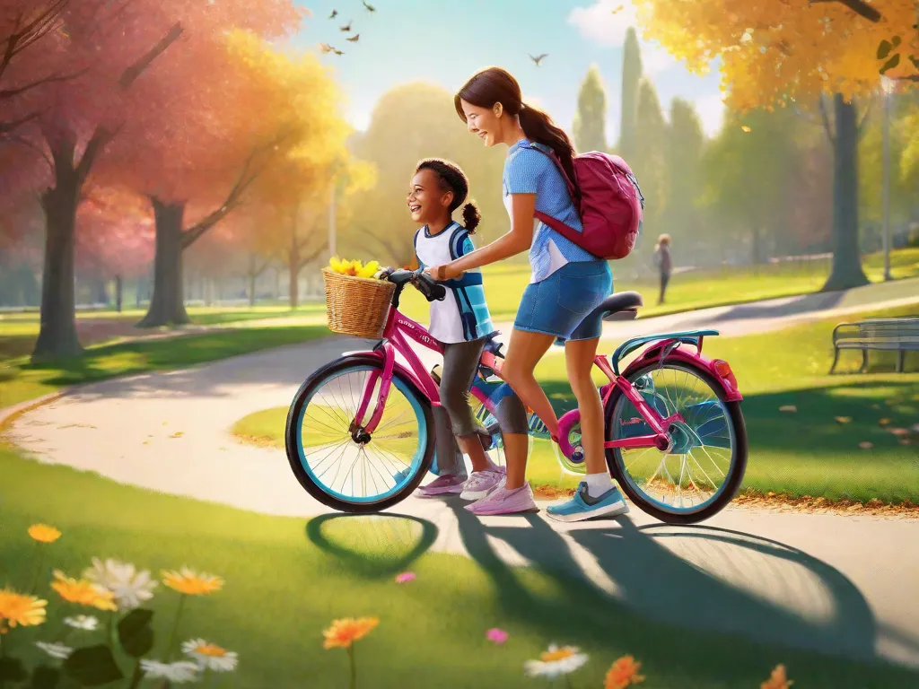 Descrição da imagem: Um dia ensolarado em um parque, com um pai e uma criança ao lado de uma bicicleta colorida. O pai está segurando o banco da bicicleta, fornecendo apoio e orientação enquanto a criança dá seus primeiros pedais vacilantes. Ambos têm sorrisos enormes em seus rostos, mostrando a alegria e a empolgação de aprender a andar de