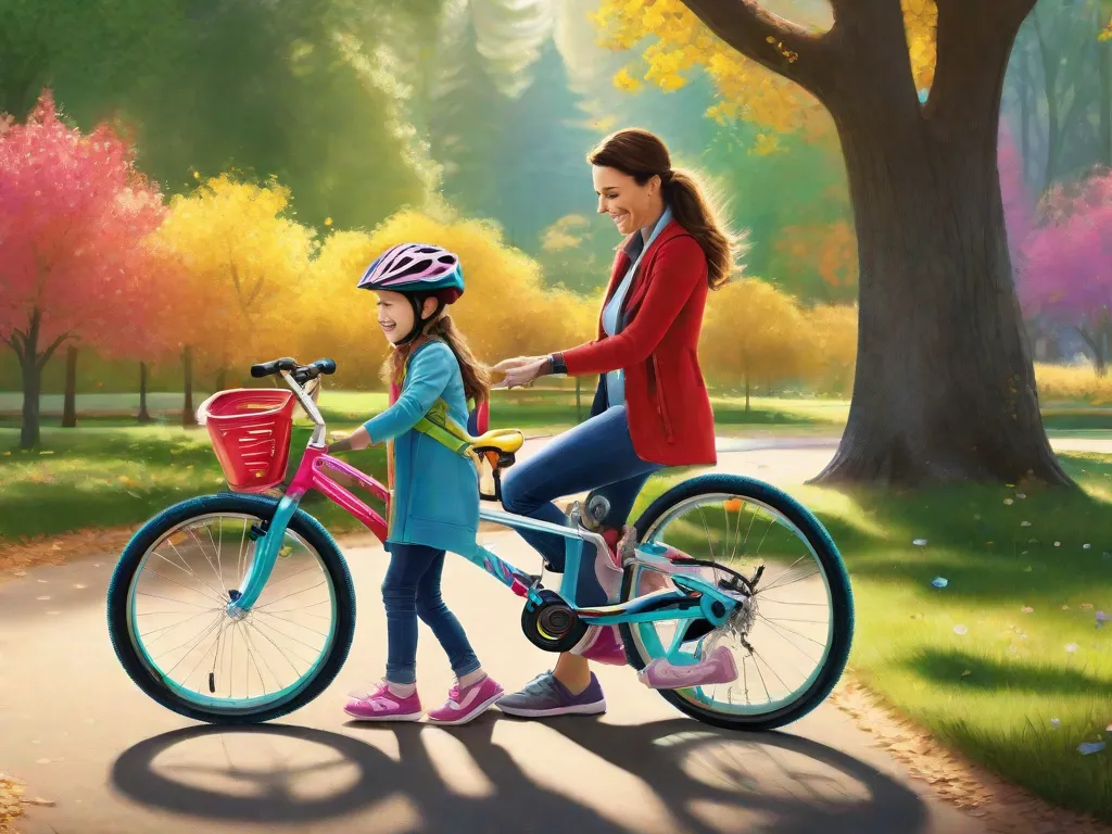 Descrição: Um dia ensolarado no parque, com um pai e uma criança ao lado de uma bicicleta colorida. O pai segura gentilmente a parte de trás do assento da bicicleta da criança, fornecendo apoio enquanto a criança dá suas primeiras pedaladas inseguras. Ambos usam grandes sorrisos, mostrando a alegria de aprender a andar de bicicleta.