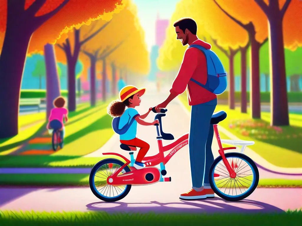 Descrição da imagem: Um dia ensolarado no parque, com um pai e uma criança em pé ao lado de uma bicicleta colorida. O pai está segurando a parte de trás do assento da bicicleta da criança, guiando-a enquanto ela dá suas primeiras pedaladas inseguras. Ambos têm grandes sorrisos no rosto, mostrando a alegria de aprender e se conectar através do passeio de bicic