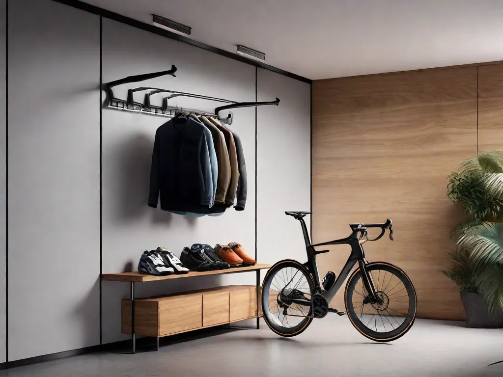 Descrição: Uma solução elegante e moderna de armazenamento de bicicletas é exibida na imagem. Dois ganchos robustos estão presos ao teto, segurando uma bicicleta pelo seu pneu dianteiro. A bicicleta fica suspensa verticalmente, criando mais espaço no chão e permitindo uma utilização eficiente do ambiente.