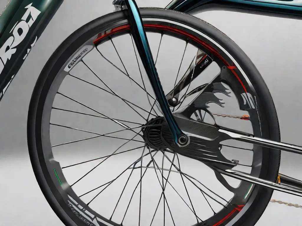 Descrição da imagem: Um close-up de uma roda de bicicleta com foco no aro. O aro é feito de um material leve e durável, apresentando um design elegante e uma série de raios espaçados uniformemente que o conectam ao cubo. A imagem destaca a construção intricada e os aspectos técnicos de um aro de bicicleta.