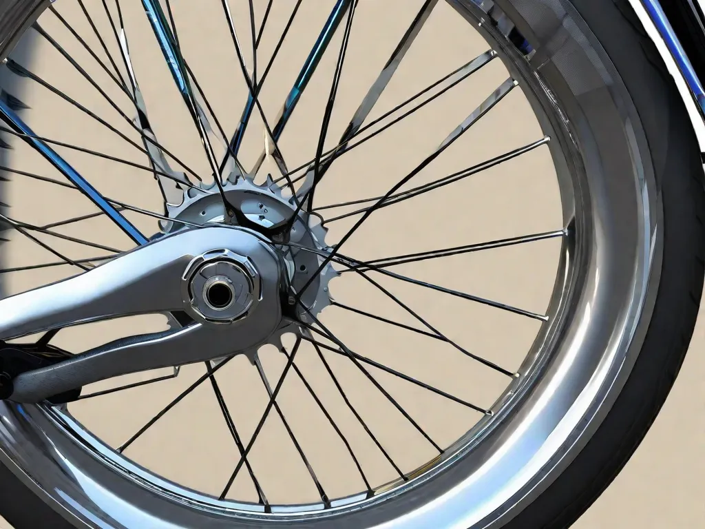 Descrição da imagem: Um close-up de uma roda de bicicleta com foco na borda. A borda é feita de material leve e durável e apresenta um design elegante. Os raios estão espaçados uniformemente e fixados com segurança, proporcionando estabilidade e resistência. Essa imagem representa os aspectos técnicos das bordas de bicicleta e destaca sua importância em garantir um passeio suave e seguro